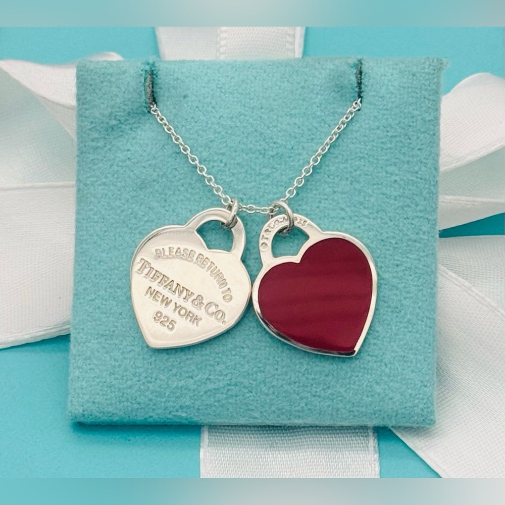 Tiffany & Co SS Red Enamel Double Small RTT Heart Pendant Necklace 16-18”